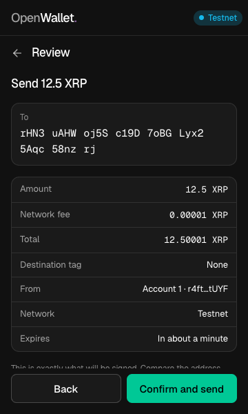 The review screen: Send 12.5 XRP, the full address in groups of four, amount, network fee, total, destination tag, network and expiry.
