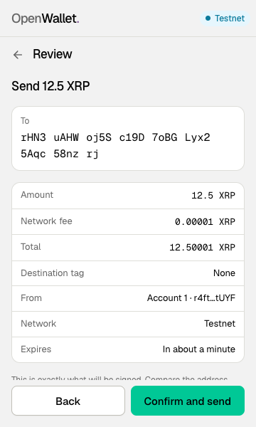 The review screen for sending 12.5 XRP.