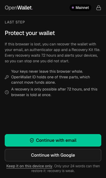Protect your wallet: recover with your email, an authenticator app and a Recovery Kit file; every recovery waits 72 hours and alerts your devices. Continue with email or Continue with Google.