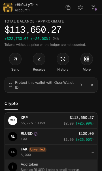 The OpenWallet extension: a total balance, and XRP, RLUSD with a verified-issuer badge, and a token from an unverified issuer.